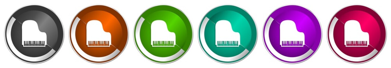 Poster - Piano icon set, music silver metallic chrome border vector web buttons in 6 colors options for webdesign