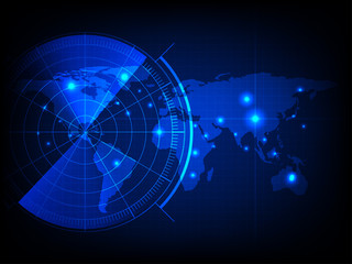 world map with a radar screen,digital blue radar with targets and world map using as background and wallpaper