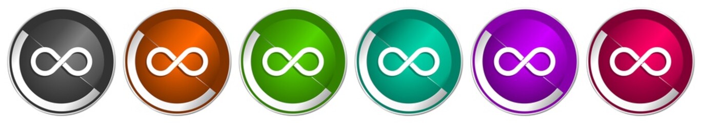Aufkleber - Infinity icon set, eternity, infinite, endless, loop silver metallic chrome border vector web buttons in 6 colors options for webdesign