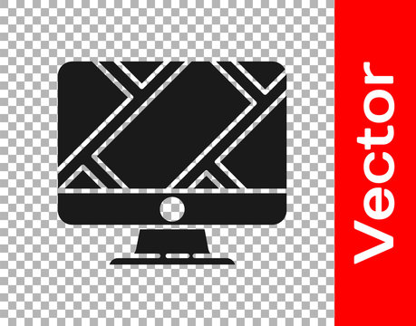 Black Computer monitor and folded map with location marker icon isolated on transparent background. Vector