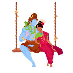 Poster - Shiva and Parvati flat color vector faceless characters. Sacred indian couple in love. God and goddess on swing. Hindu deity isolated cartoon illustration for web graphic design and animation