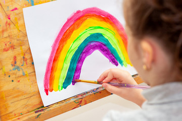 Wall Mural - Child is drawing rainbow with watercolors on the sheet of paper on the easel. Creativity concept.