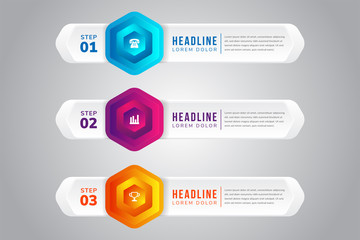 Poster - gradient vector illustration. Infographic template with three elements, hexagon, rectangle. Timeline step by step. Designed for business, presentations, web design, diagrams, training with 3 steps.