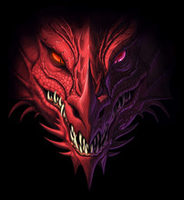 Head Of Angry Red Dragon On The Black Background. Digital Painting.