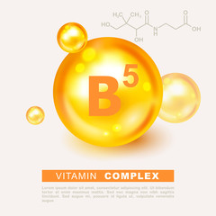 Vitamin gold shining pill capsule icon. Nutrition sign vector concept. The power of vitamin B5. Chemical formula. Pantothenic acid. Shining golden substance drop. Meds for heath ads