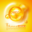 Vitamin sign, symbol. Omega 3. Vector illustration. Omega-3 Fatty Acids gold shining pill capsule icon. Vitamin complex with Chemical formula Dietary supplement. Shining golden substance drop. Omega 3