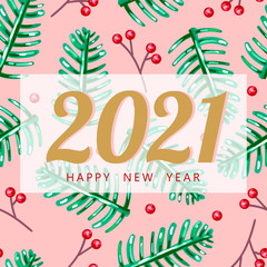 Wall Mural - 2021. happy new year. vector illustration. christmas tree branch and red berries. seamless pattern. 