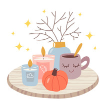 Autumn Still Life Of Cute Things. Scented Candles, Pumpkin, Dry Eyelids, Cocoa. Autumn Mood. Stay Home. Happy Thanksgiving Concept. Autumn Composition.Illustration For Children's Book. Cute Poster.