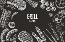 Set Of Barbecue Elements Drawn In Vector. For The Design Of The Menu Of Cafes And Restaurants, Shop Windows Related To The Theme Of Grilled Food.