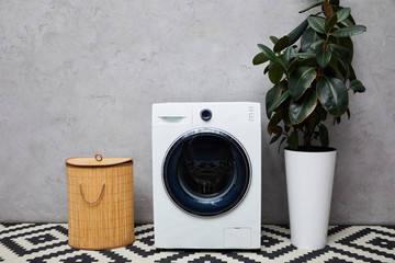 Wall Mural - modern washing machine near green plant, laundry basket and ornamental carpet in bathroom