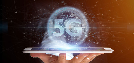 Poster - businessman holding a 5g connection with data surrounding - 3d rendering