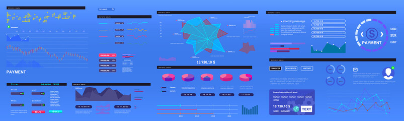Poster - Set of modern infographics, stock charts, line charts, bar statistics, line charts with report on financial statistics, financial charts and investments in stock financial market