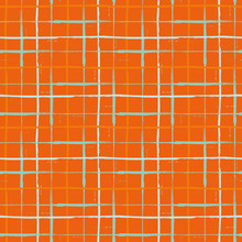 Grunge Line Vector Seamless Grid Pattern Background. Organic Painterly Ink Brush Stroke Style Criss Cross Backdrop. Irregular Overlapping Plaid Style Design. Orange Blue Weave Effect All Over Print