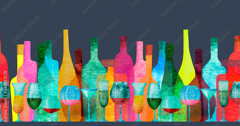 Seamless ribbon border with stylized silhouettes of colored bottles of alcohol and glasses. Watercolor. - obrazy, fototapety, plakaty 