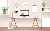 Fototapeta Mapy - Vector flat modern minimalistic workplace with desk, computer, plants and pictures on the wall in warm tones - home office, cozy working space