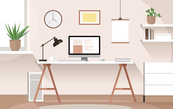 Vector flat modern minimalistic workplace with desk, computer, plants and pictures on the wall in warm tones - home office, cozy working space