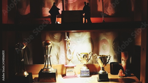 Fotografía Close-up Of Trophies On Shelf In Darkroom