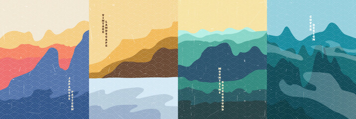 Wall Mural - vector illustration. mountains, stones in water, hill in meadow, rock top. old paper with scratches 