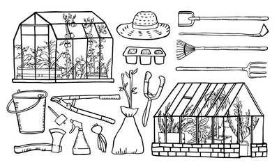 Set with two greenhouses and plants inside, gardening tools and seedings. Hand drawn outline vector sketch illustration