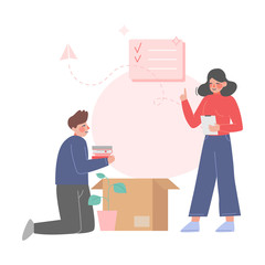 Sticker - Family Couple Packing or Unpacking Belongings in Cardboard Boxes, Man and Woman Relocating to New Home Vector Illustration