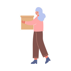 Sticker - Young Woman Carrying Cardboard Box, Girl Moving to New Home Vector Illustration