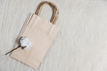 Eco friendly paper bag on white wool-like background accompanied with cotton pods