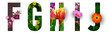 Floral letters. The letters F, G, H, I, J are made from colorful flower photos. A collection of wonderful flora letters for unique spring. flower on a white isolated background with clipping path