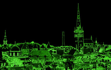 Wall Mural - Green neon silhouette panorama of the historic old town of Tallinn on a black background