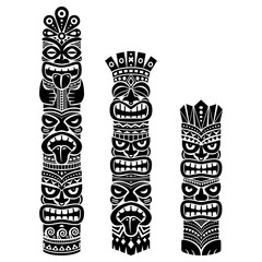 Wall Mural - Hawaiian and Polynesia Tiki pole totem vector design - tribal folk art background, two or three heads statue 
