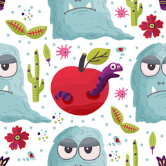 Wall Mural - Cute cartoon monster with apple and worm caterpillar vector seamless pattern in a flat style. Funny kid alien character background. Mutant beast animal comic wallpaper on a white background.