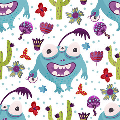 Wall Mural - Cute cartoon monster vector seamless pattern in a flat style. Funny kid alien character background. Mutant beast animal comic wallpaper on a white background.