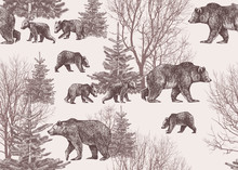 .Landscape With Bears, Cubs, Winter Trees And Fir Trees. Wildlife Seamless Pattern. Hand Drawn Vector Vintage Illustration.