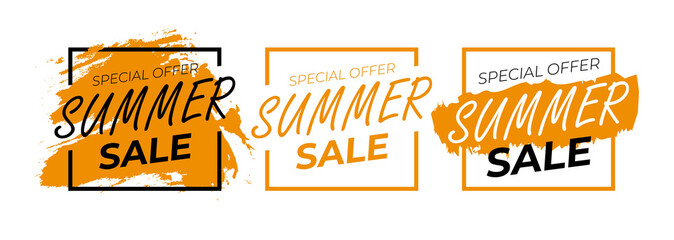 summer sale banner template set with geometrical elements and orange brushes. special offer, summer sale