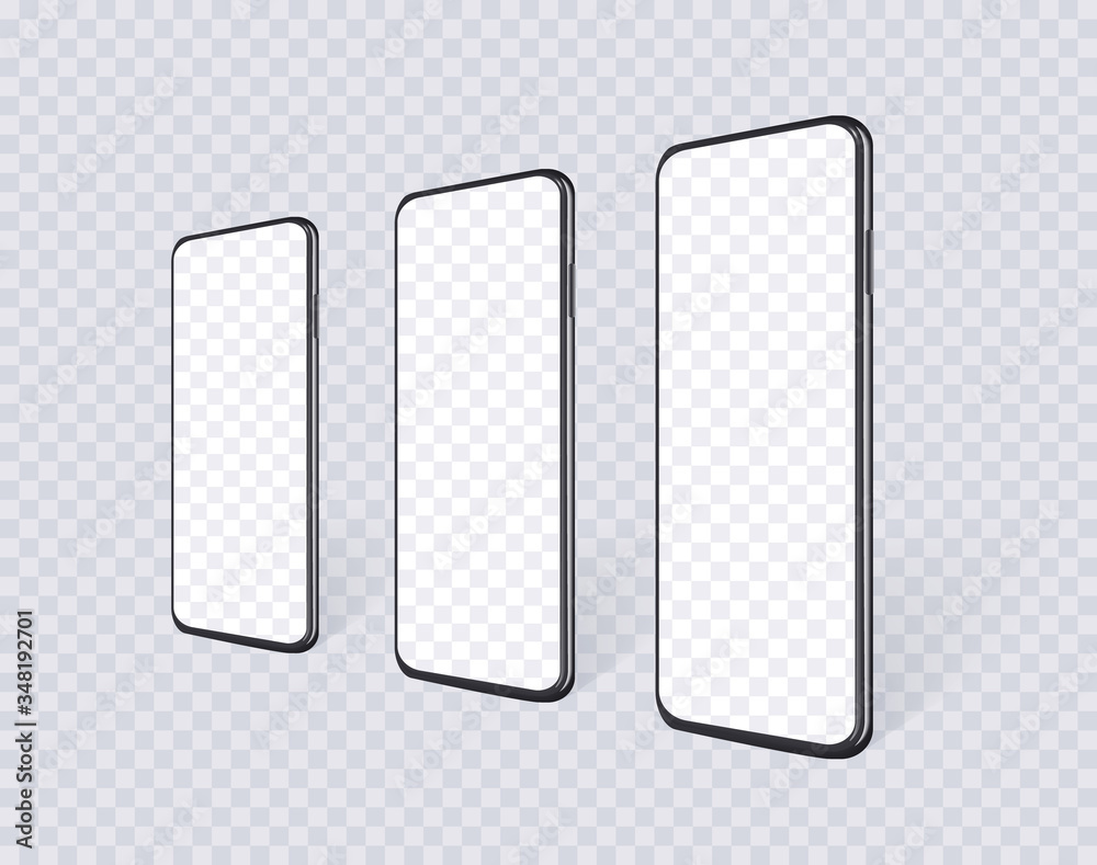 Realistic smartphones in row en perspective view with empty screen ...