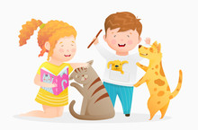 Little Kids Boy And Girl Playing With Pets. Children Playing With Animals Dog And Cat, Stroking, Reading A Book To Kitten, Throwing Stick To Dog. Vector Watercolor Style Hand Drawn Cartoon For Kids.