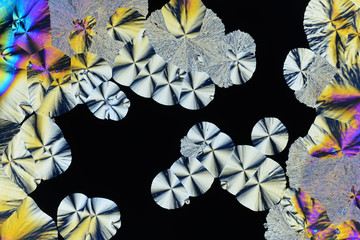 Colorful micro crystals in polarized light. Photo through a microscope.