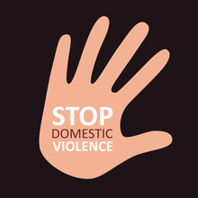 Stop Domestic Violence. Palm On A Dark Background. Concept Of The Social Problem Of Domestic Violence, Aggression Against Women, Bullying, Stalking, Beating .Vector Illustration