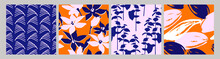 Artistic Set Of Seamless Patterns With Abstract Flowers And Leaves.