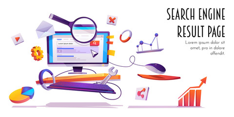 Poster - search engine result page, serp banner. computer monitor with website browser information on screen,