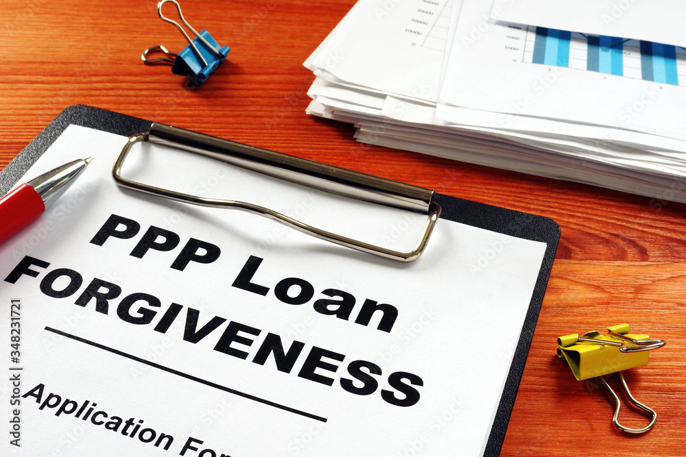 Paycheck Protection Program PPP Loan forgiveness application form. - obrazy, fototapety, plakaty 