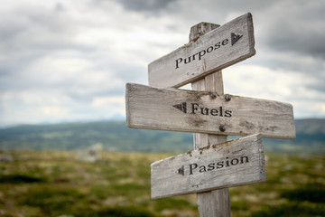 purpose fuels passion text engraved on old wooden signpost outdoors in nature. quotes, words and ill