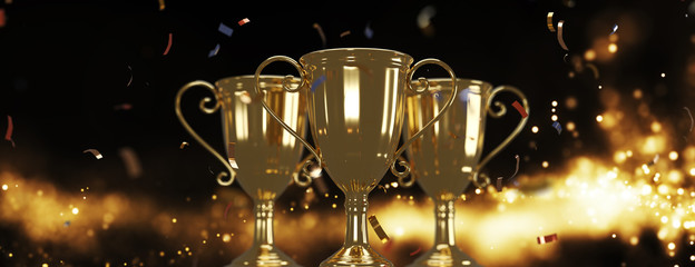 Wall Mural - golden trophy cup on gold background. copy space for text. 3d rendering.