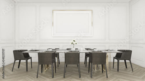 Fotografía Modern luxury dining room with table and chair , white pattern wall and picture frame