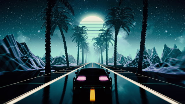 Wall Mural - 80s retro futuristic sci-fi seamless loop with vintage car. Riding in retrowave VJ videogame landscape, blue neon lights and low poly grid. Stylized cyberpunk vaporwave 3D animation background. 4K
