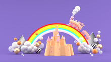 The Castle Is Covered With Rainbow And The Train On A Purple Background.-3d Rendering.