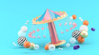 fairground rides surrounds many colorful balls on a blue background.-3d rendering..