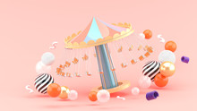 Fairground Rides Surrounds Many Colorful Balls On A Pink Background.-3d Rendering..