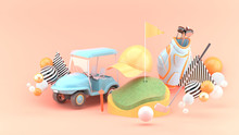 Green Golf Surrounded By Golf Carts, Caps, Golf Balls, Golf Clubs And Golf Bags Among Colorful Balls On A Pink Background.-3d Rendering..