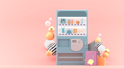 The vending machine is surrounded by colorful balls and shopping bags on a pink background.-3d rendering.