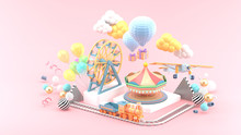 Carousel, Ferris Wheel, Train, Balloon And Plane Surrounded By Colorful Balls On A Pink Background.-3d Rendering..